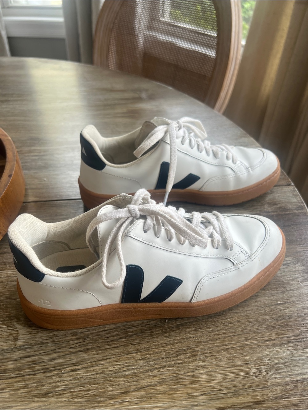 Veja White Leather Sneakers with Navy V and Gum Sole